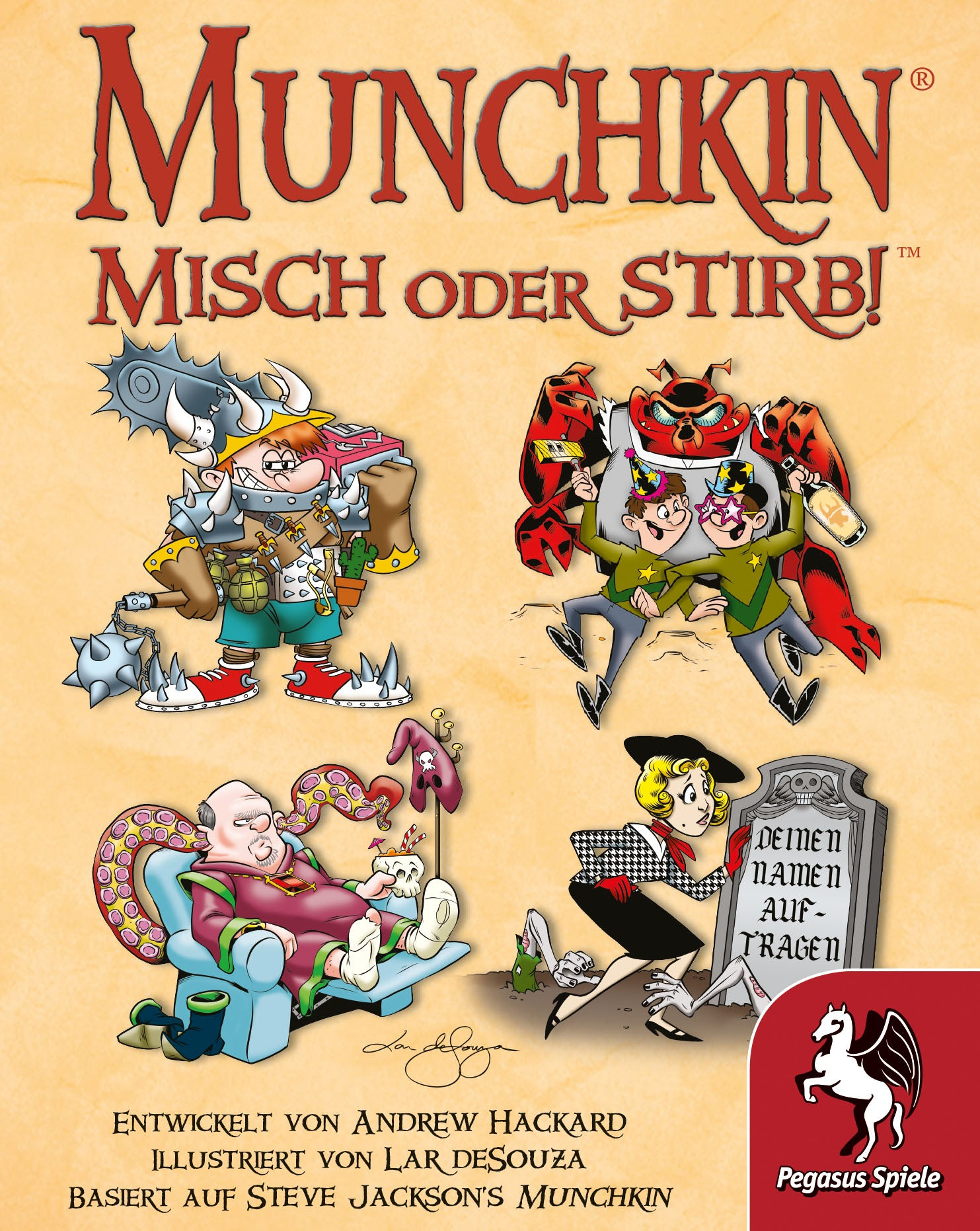 Munchkin-Kartenspielcover mit vier bunten Cartoon-Figuren, darunter Krieger und Monster auf gelbem Hintergrund.