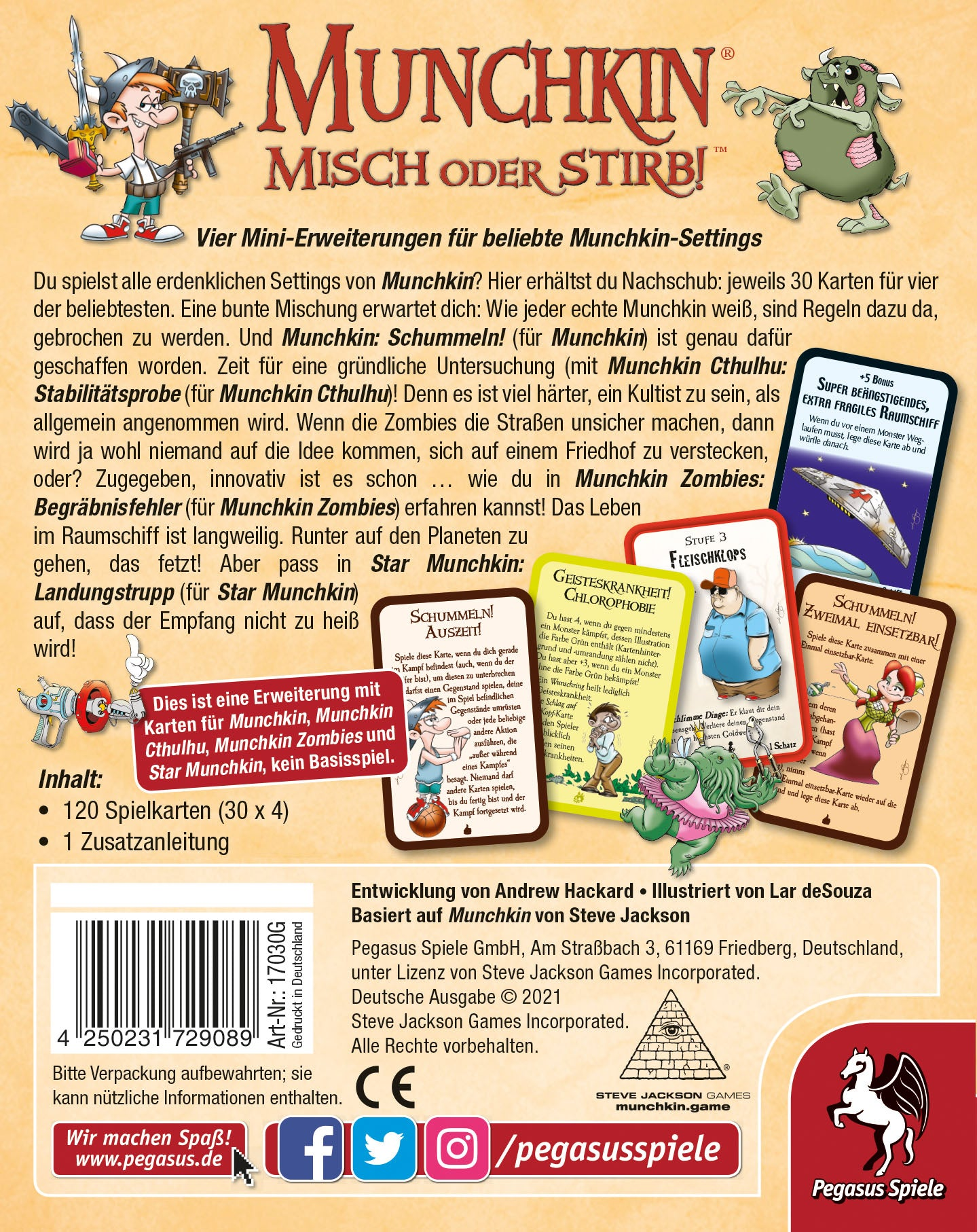Munchkin Misch oder Stirb! Kartenspielverpackung mit Cartoon-Illustrationen und Text auf der Rückseite.