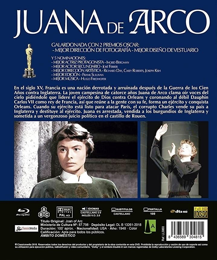 Contraportada del Blu-ray de 'Juana de Arco' con fotogramas, sinopsis y detalles técnicos sobre fondo azul.