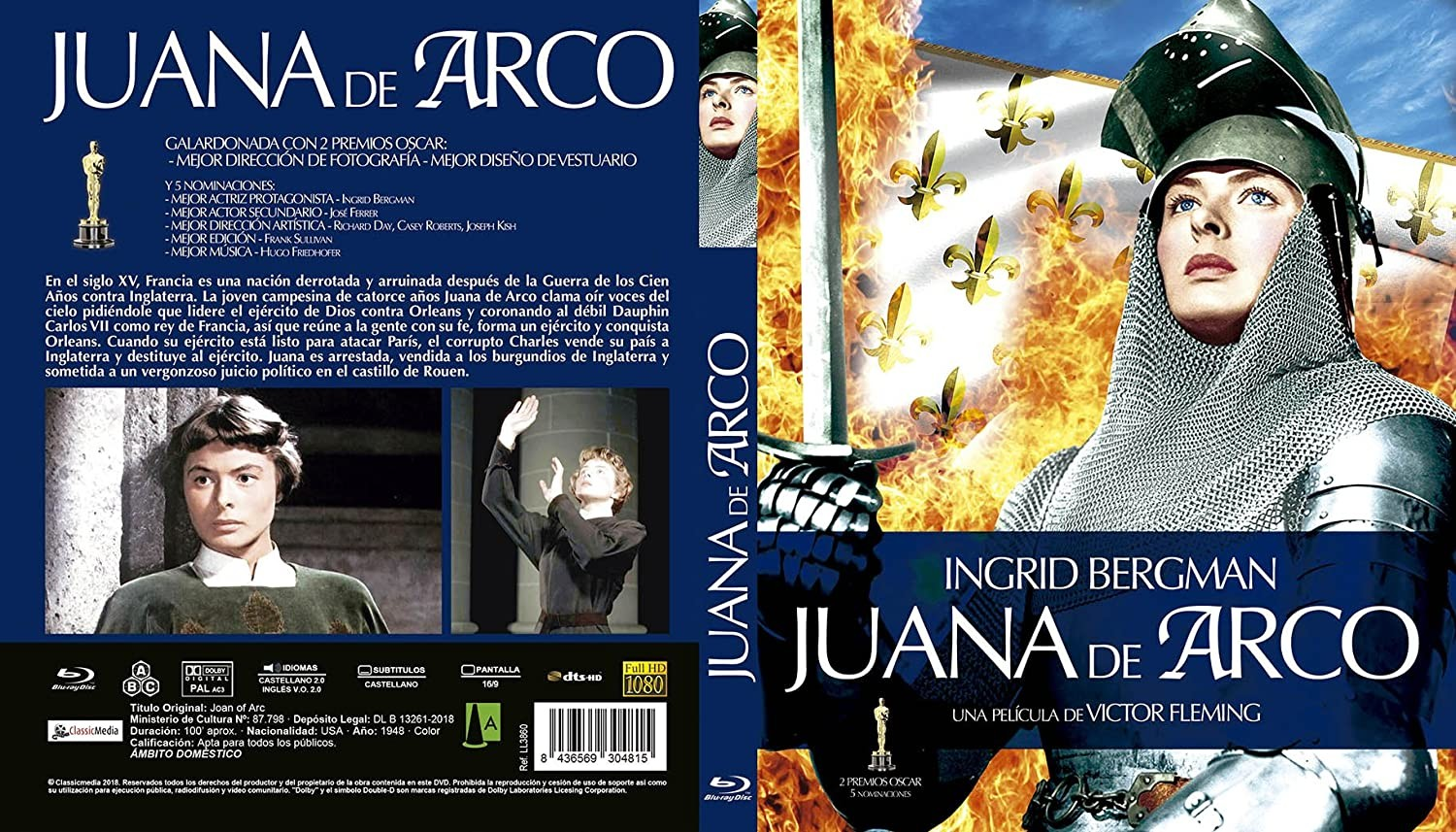 Carátula de Juana de Arco con Ingrid Bergman con armadura y fondo de fuego.