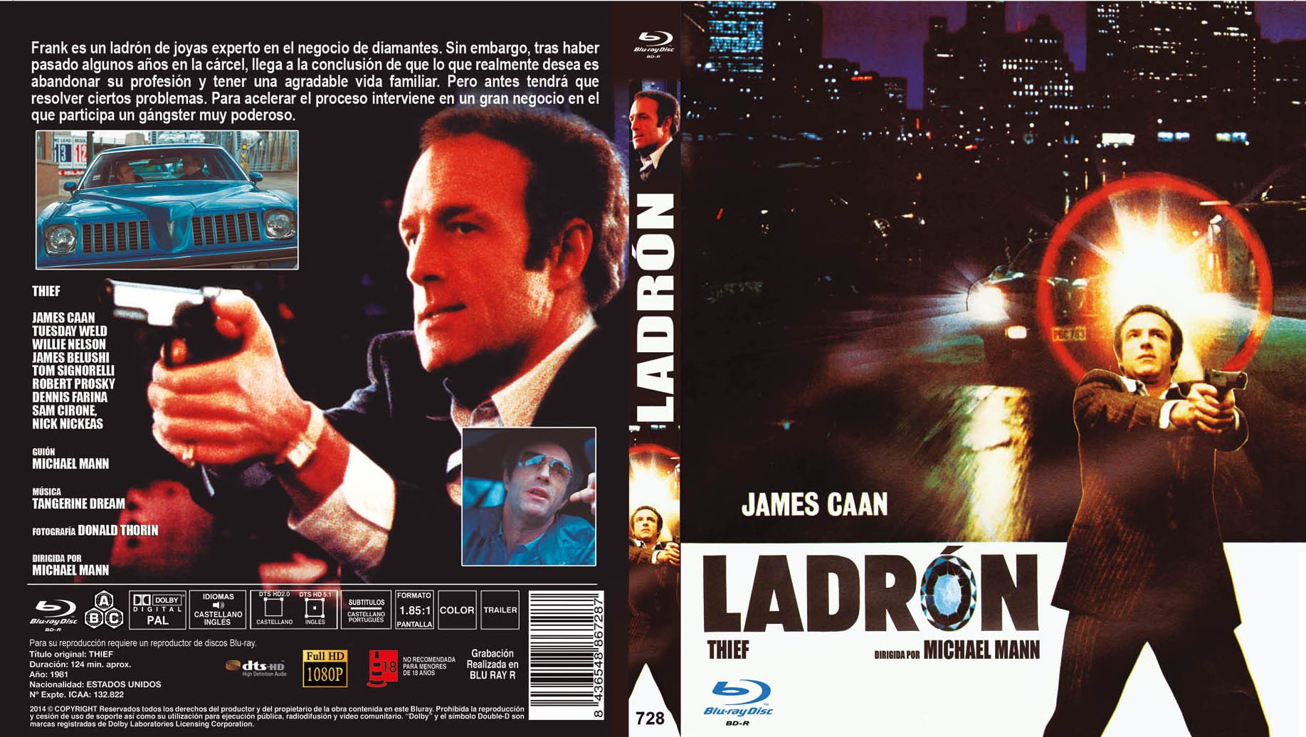 Carátula de Blu-ray de la película Ladrón con James Caan armado frente a un fondo urbano nocturno.