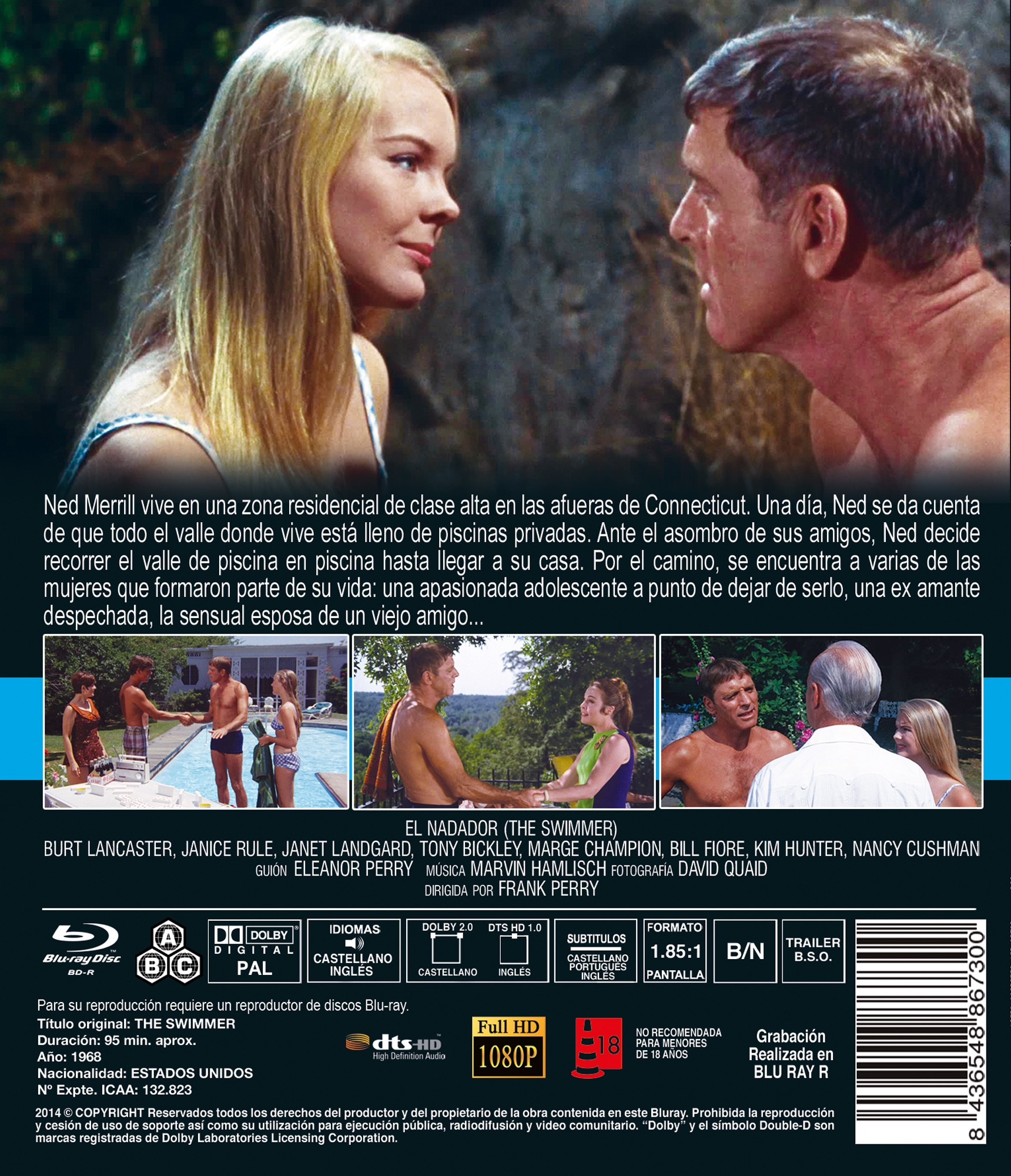 Caratula de Blu-ray de 'El nadador' con Burt Lancaster, fotogramas y texto en español.