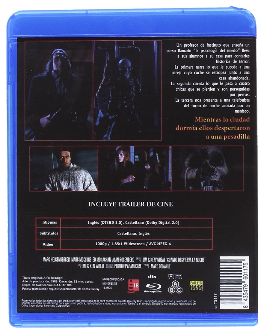 Parte trasera de una caja de Blu-ray azul con fotogramas, descripción en español, info técnica y código de barras.