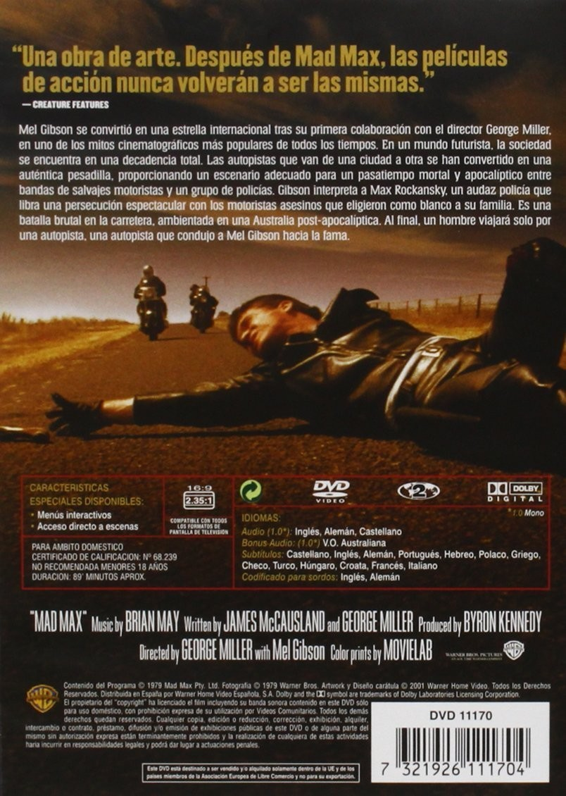 Contraportada de DVD con un hombre caído en cuero en una carretera desértica y dos motocicletas.