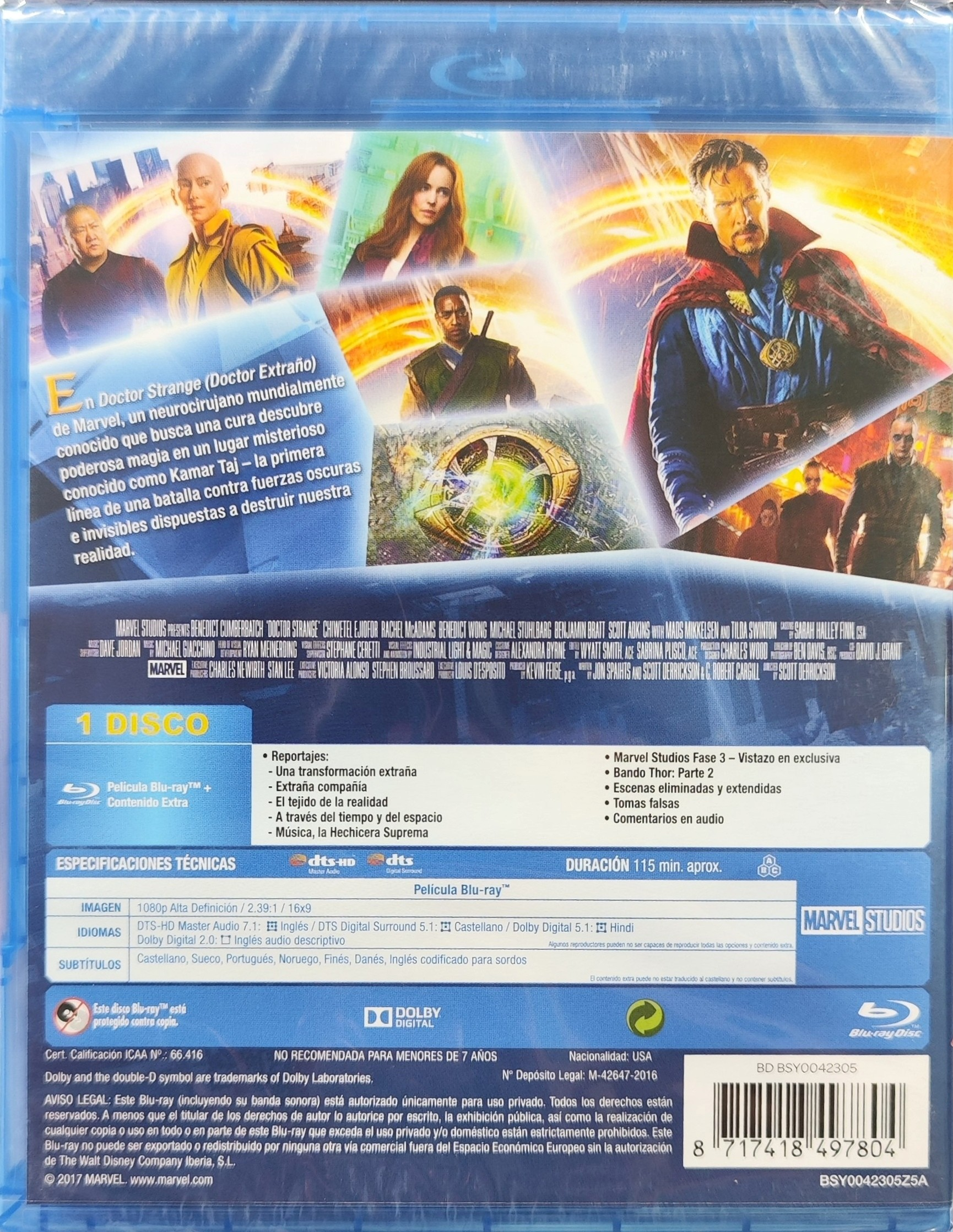 Contraportada del Blu-ray de Doctor Strange con imágenes de personajes, resumen, detalles técnicos y código de barras.