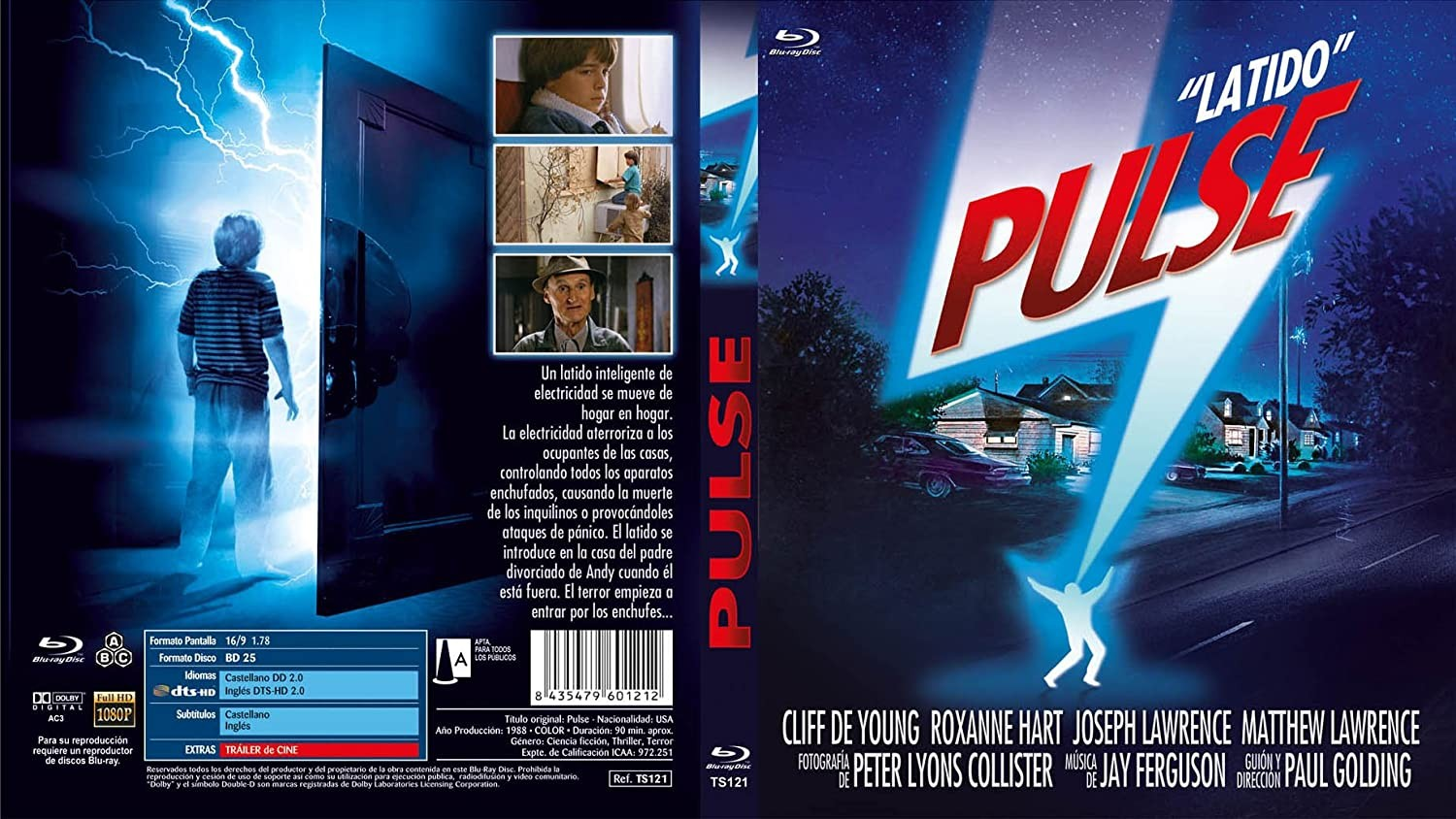 Carátula de Blu-ray de la película de terror Pulse con rayos azules y títulos rojos.