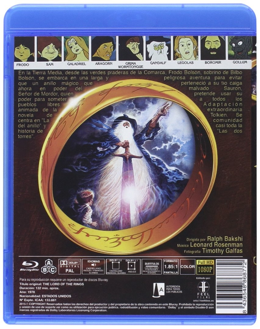 Parte trasera de un Blu-ray de El Señor de los Anillos con anillo dorado y personajes.