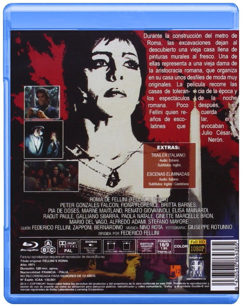Contraportada de un estuche de Blu-ray de Fellini con fotogramas, texto y créditos.