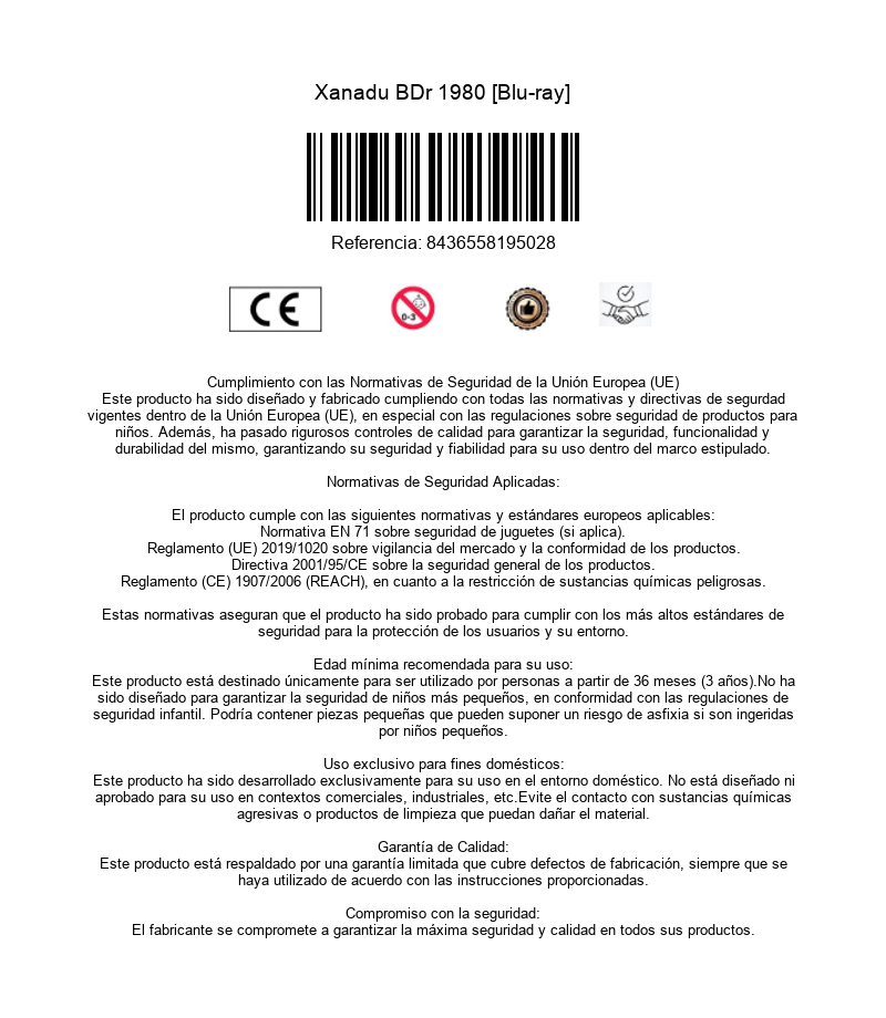 Información de producto para Xanadu BDr 1980 con código de barras, marca CE y texto de cumplimiento de seguridad.