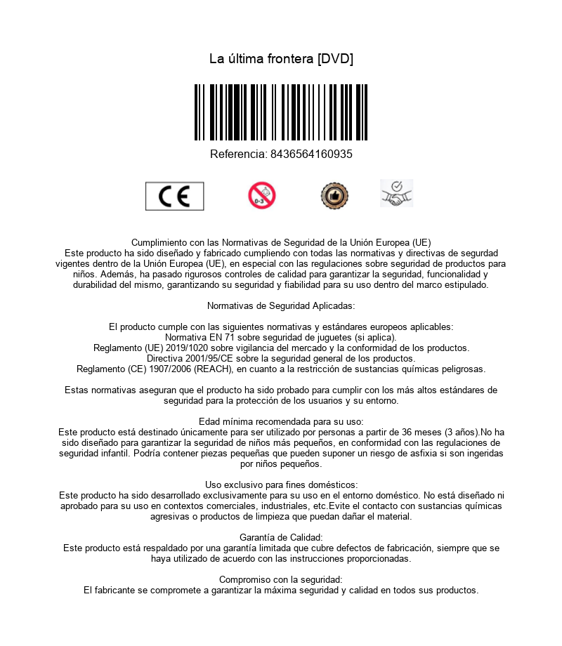 Hoja de información de seguridad de DVD con código de barras, marca CE y texto en español.