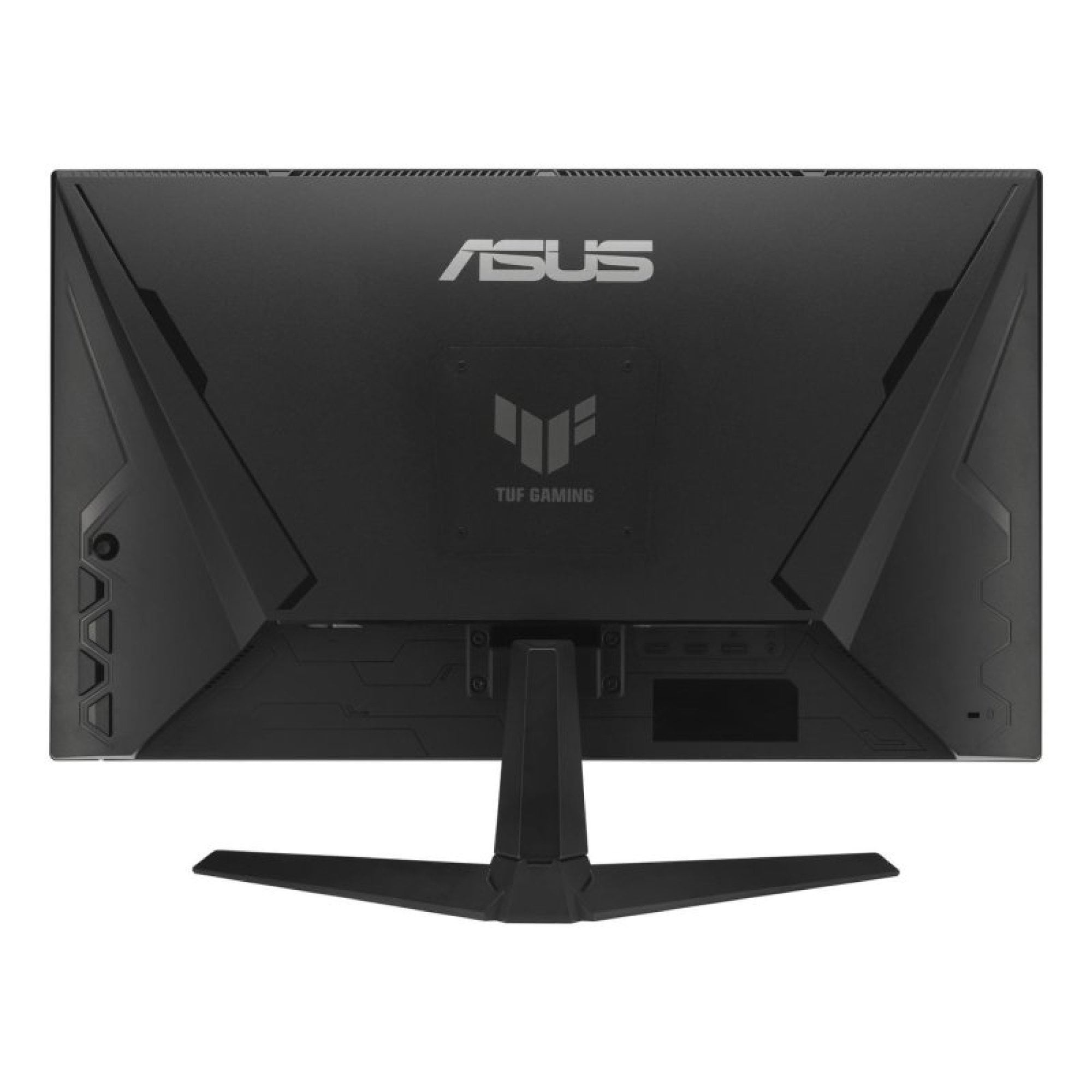 Rückansicht eines schwarzen ASUS TUF Gaming-Monitors mit Standfuß, Anschlüssen und Logo.