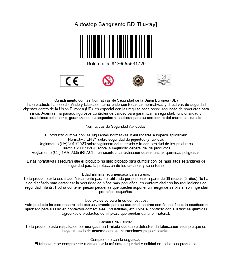 Detalles del producto Blu-ray con código de barras, marcas de seguridad de la UE y texto en blanco.