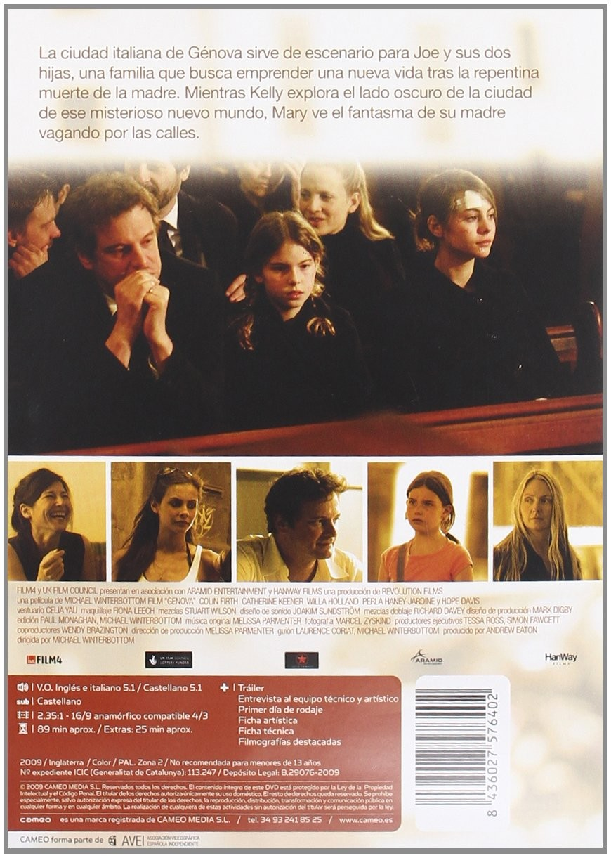Contraportada del DVD de la película Génova con Colin Firth, fotos de escenas y texto.