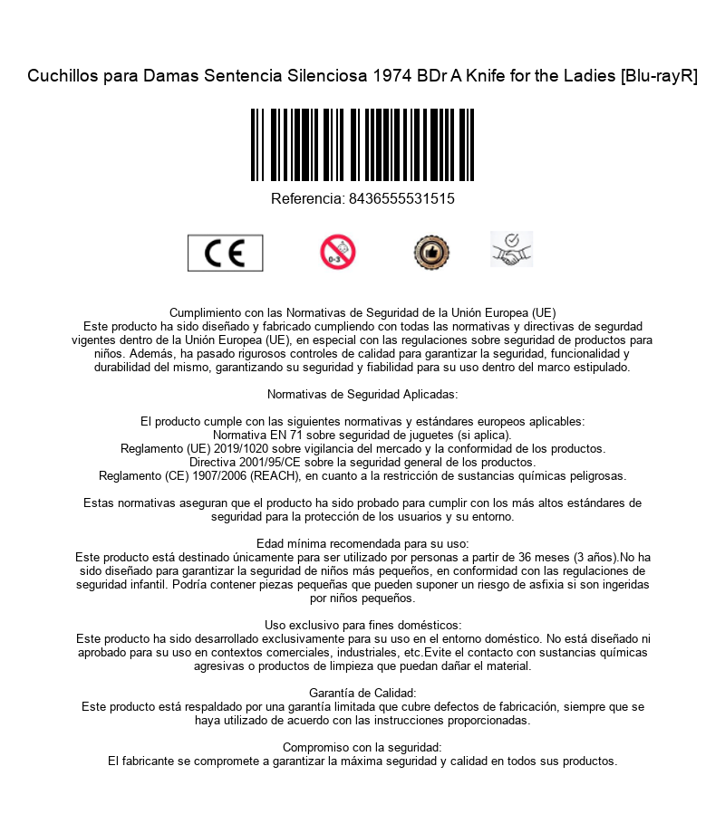 Información de producto con código de barras, marca CE y avisos de seguridad y garantía en español.