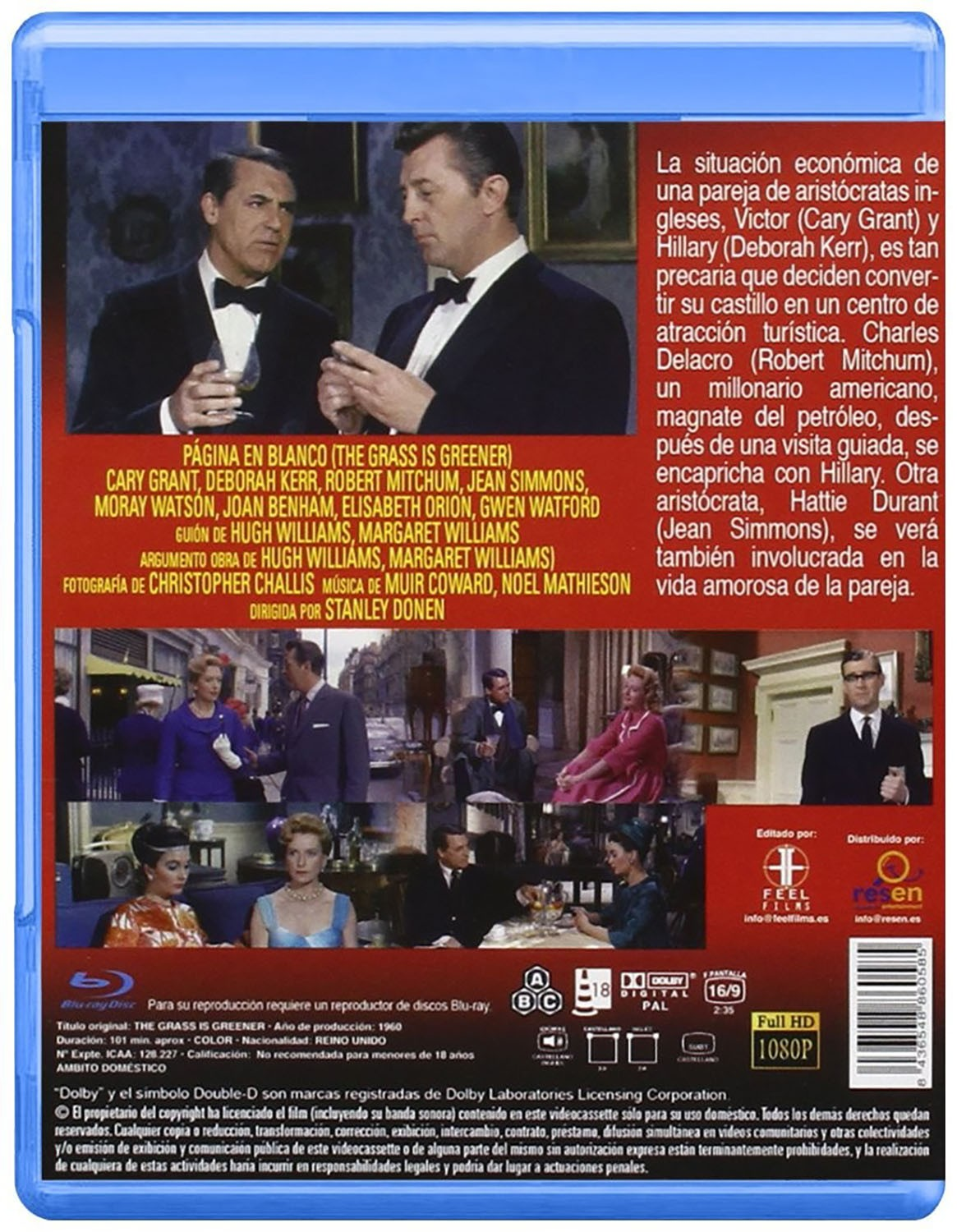 Contraportada de un Blu-ray de The Grass Is Greener con fotogramas, sinopsis y créditos.
