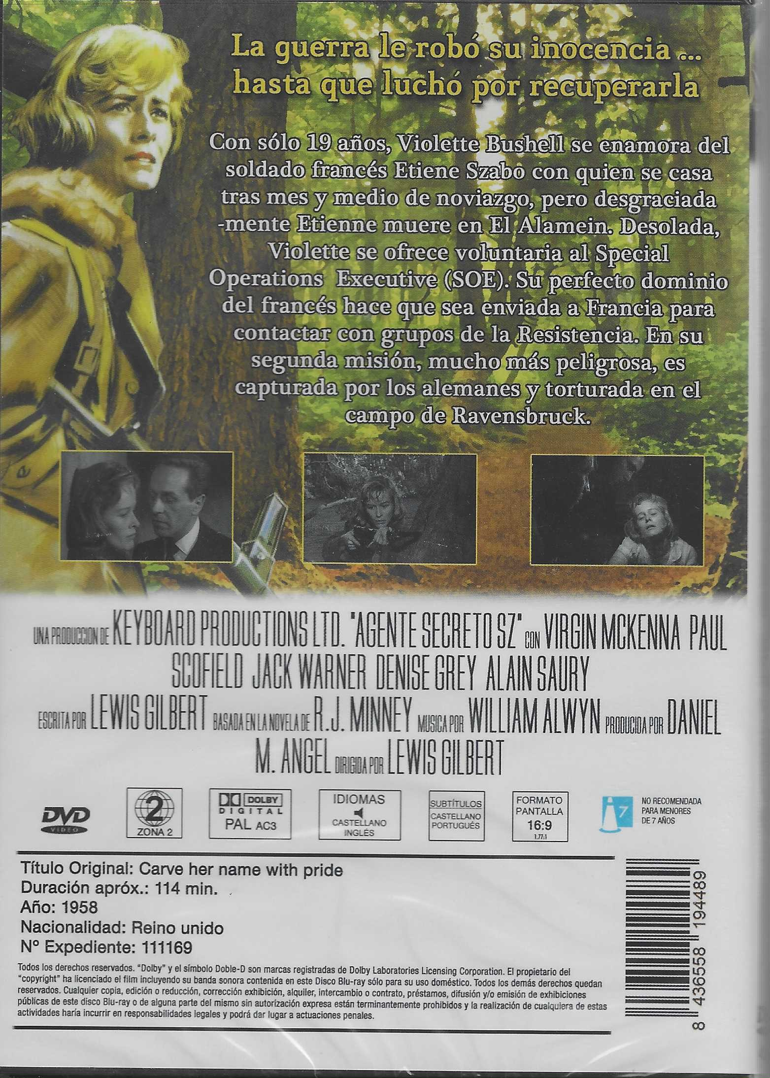 Contraportada de un estuche de DVD de Carve Her Name with Pride con texto en español.