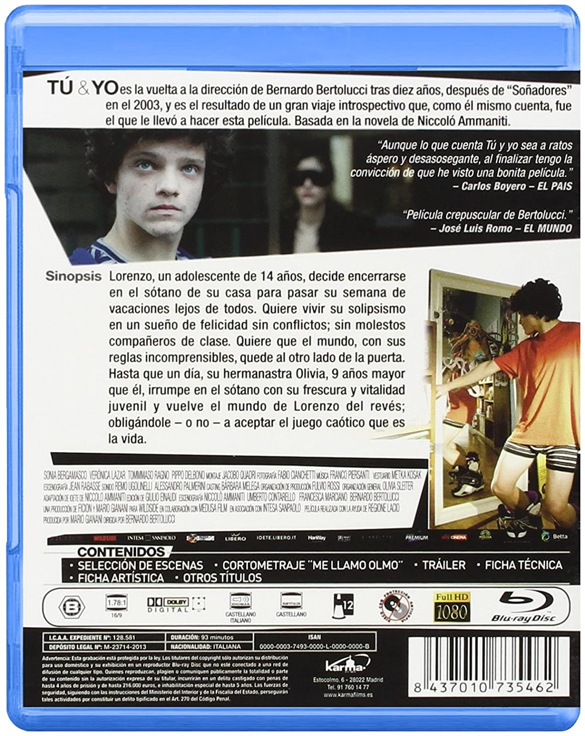 Contraportada de la caja Blu-ray de Me and You con imágenes, texto y detalles técnicos.