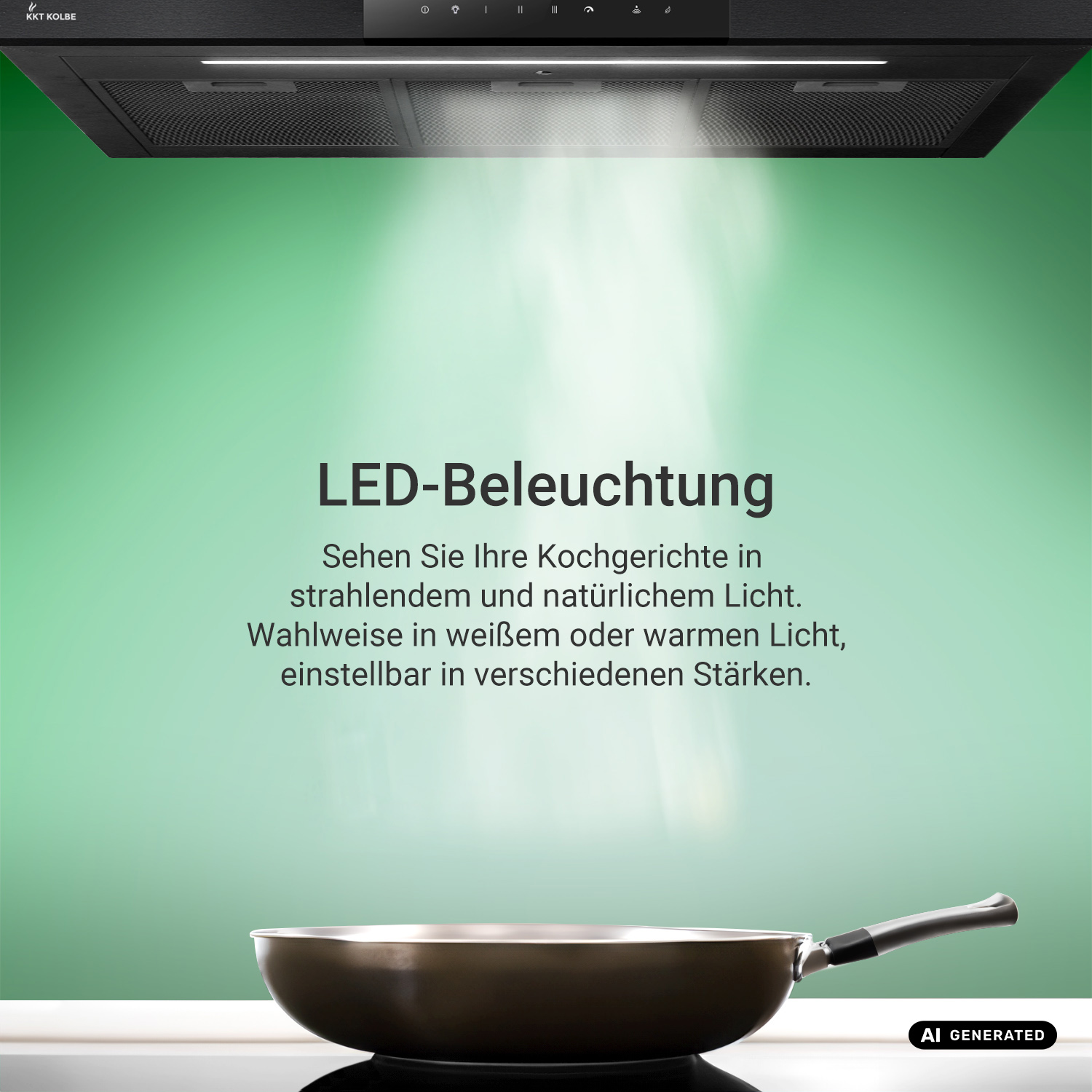 Una cappa da cucina nera illumina una padella su un piano cottura su sfondo verde con testo in tedesco.
