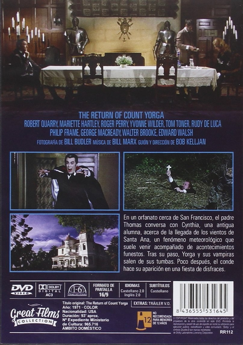 Contraportada de DVD de The Return of Count Yorga, con fotogramas, texto y detalles técnicos.