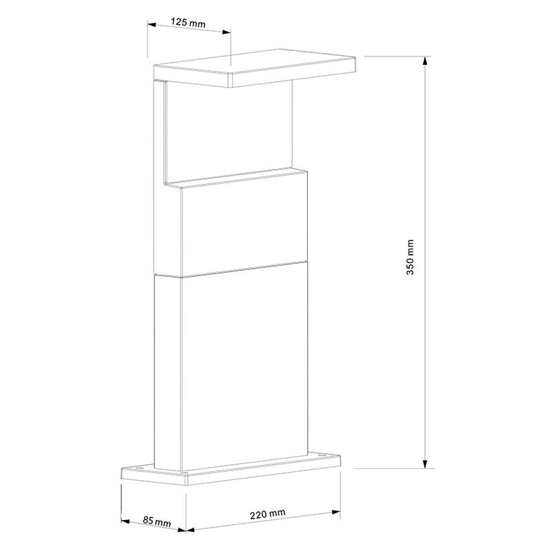 Dibujo técnico de una baliza rectangular con dimensiones: 350 mm de alto, 220 mm de ancho, 85 mm de fondo y 125 mm arriba.