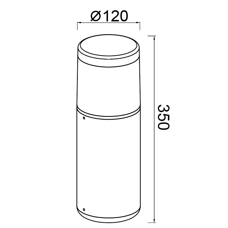 Dibujo lineal de una baliza cilíndrica con un diámetro de 120 y altura de 350.