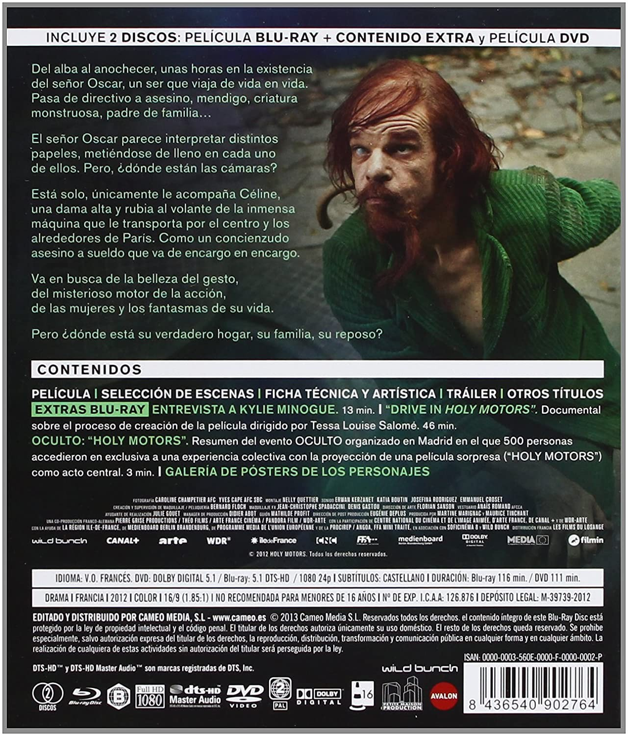 Contraportada de DVD con sinopsis, créditos y un hombre con abrigo verde maquillándose.
