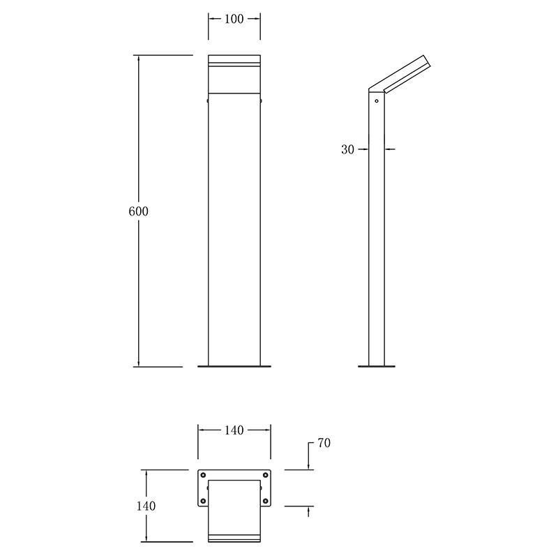 Dibujo técnico de una baliza rectangular con dimensiones que muestran las vistas frontal, lateral y superior.