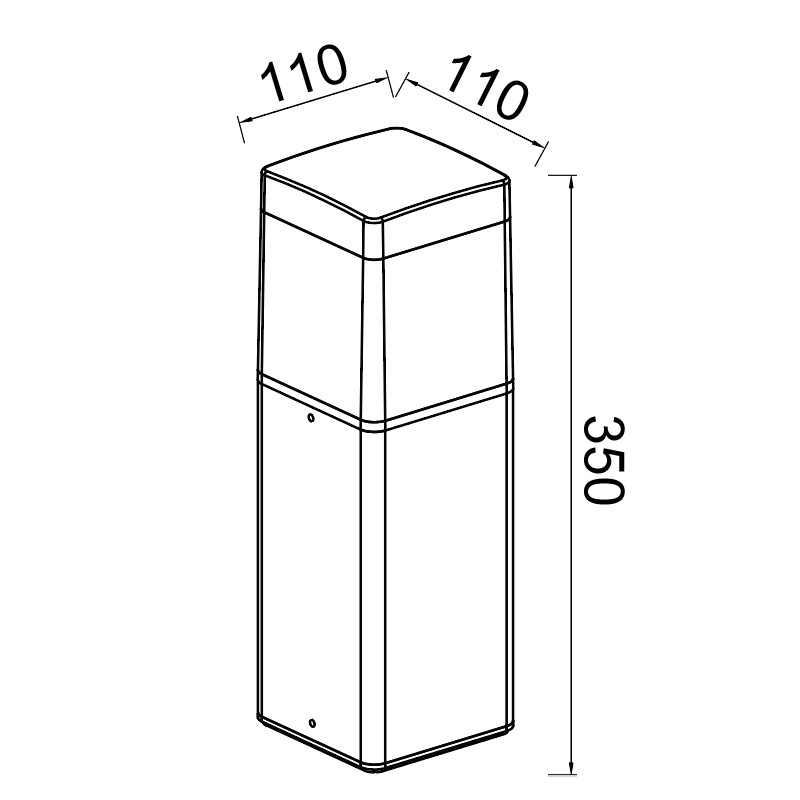Dibujo técnico de una baliza de exterior cuadrada con dimensiones de 110x110 mm y altura de 350 mm.