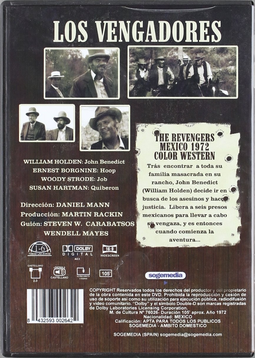 Contraportada del DVD de Los Vengadores con fotos de escenas, reparto y sinopsis sobre fondo de madera.