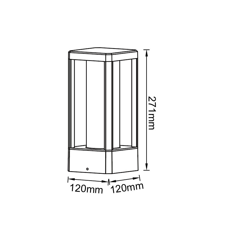 Dibujo técnico de una lámpara de exterior cuadrada con dimensiones de 120x120 mm y una altura de 271 mm.