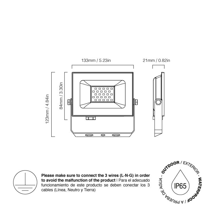 Diagrama que muestra las dimensiones del proyector LED, instrucciones de cableado y un icono IP65.