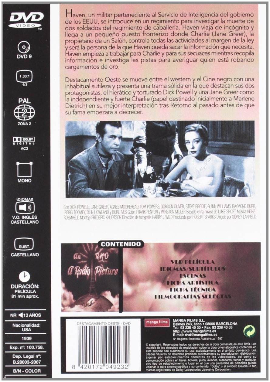 Contraportada de un DVD con texto, imágenes, código de barras y datos técnicos.
