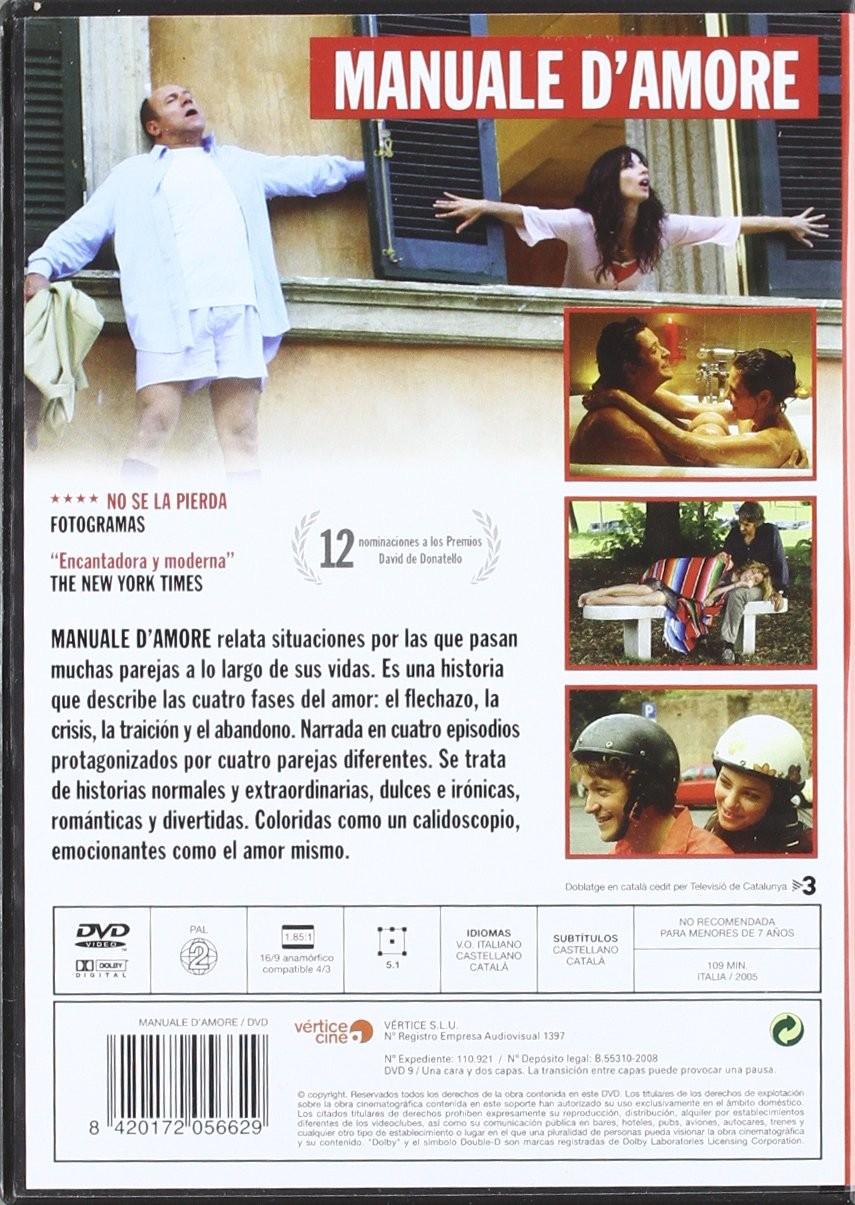 Contraportada del DVD de Manuale d'Amore con imágenes, sinopsis y detalles técnicos.