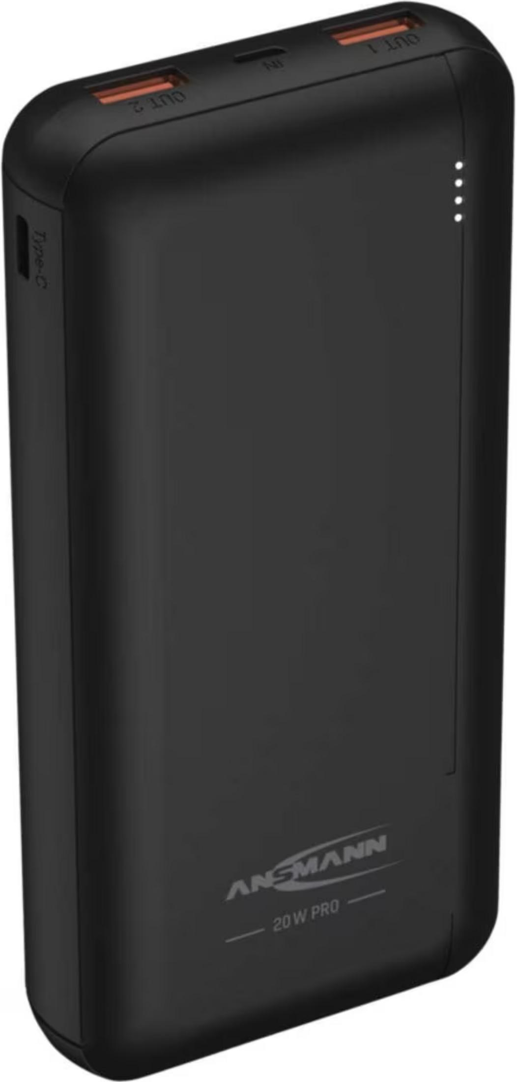 Eine schwarze Ansmann 20W Pro Powerbank mit zwei USB-Anschlüssen oben und vier LED-Anzeigen an der Seite.