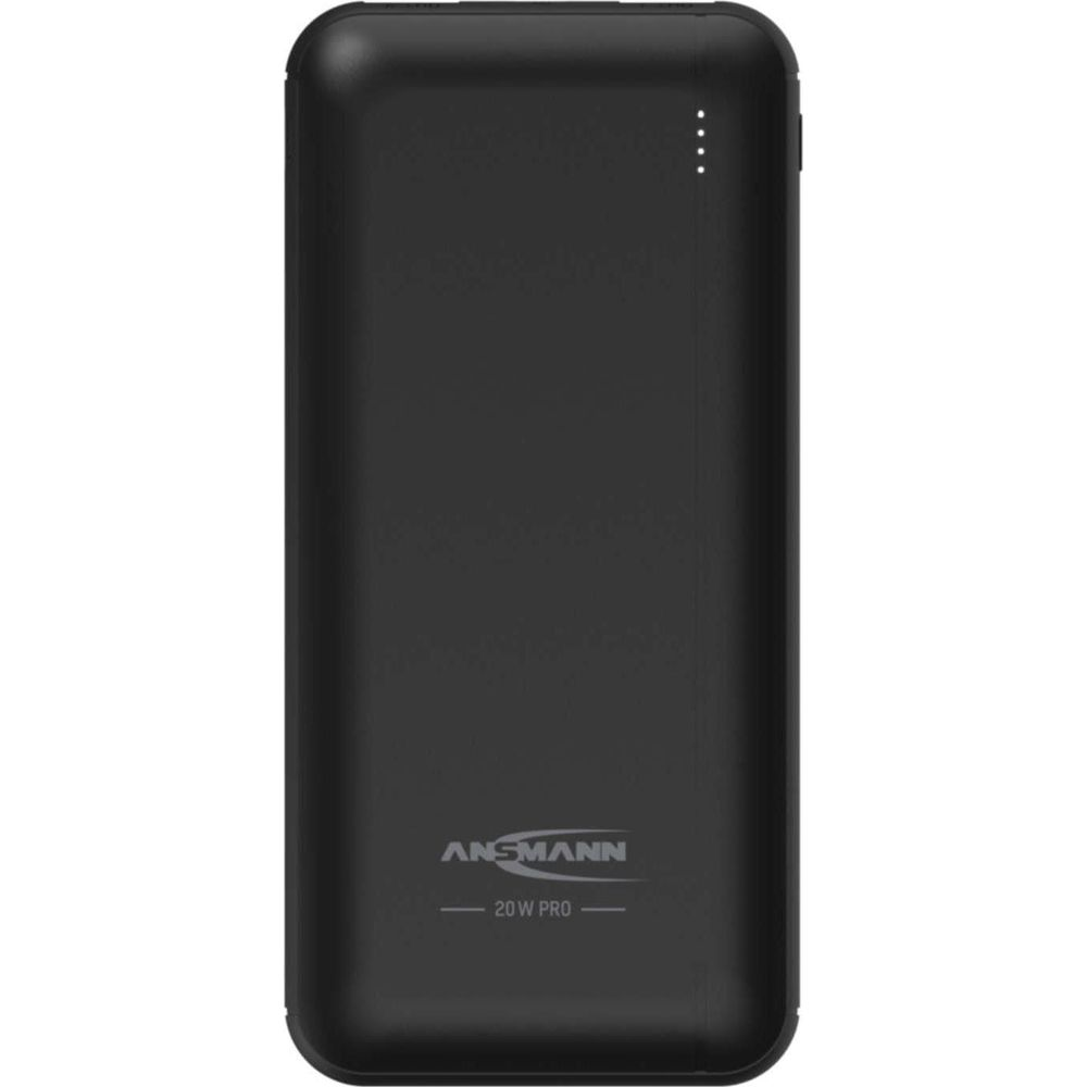 Eine schwarze Ansmann 20W Pro Powerbank mit vier kleinen LED-Anzeigelichttem oben vor weißem Hintergrund.