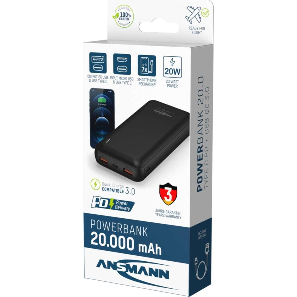 Verpackung für eine Ansmann 20.000 mAh Powerbank mit dem schwarzen Gerät, Smartphone und Funktionssymbolen.