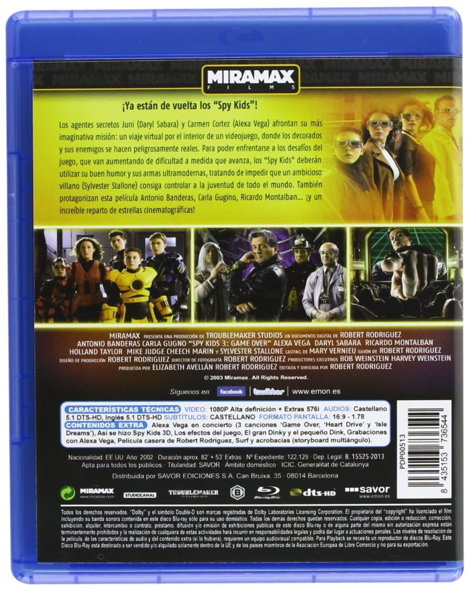 Contraportada de un Blu-ray de Spy Kids 3 con escenas, reparto y texto en español.