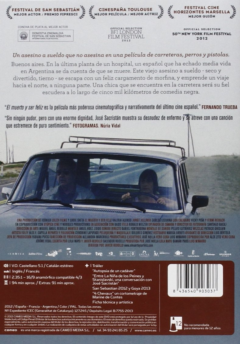 Contraportada de DVD con resumen de película, detalles del equipo y una foto de dos personas en un auto.