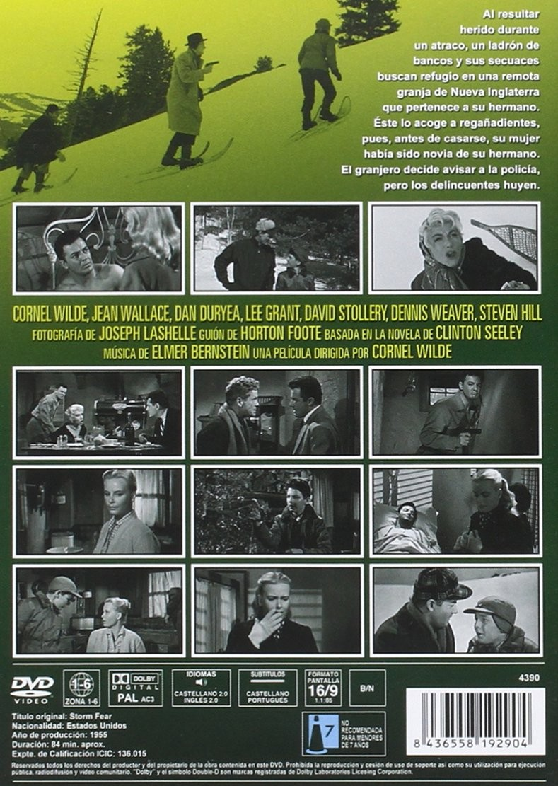 Carátula del DVD de Storm Fear con fotogramas y texto sobre fondo verde.