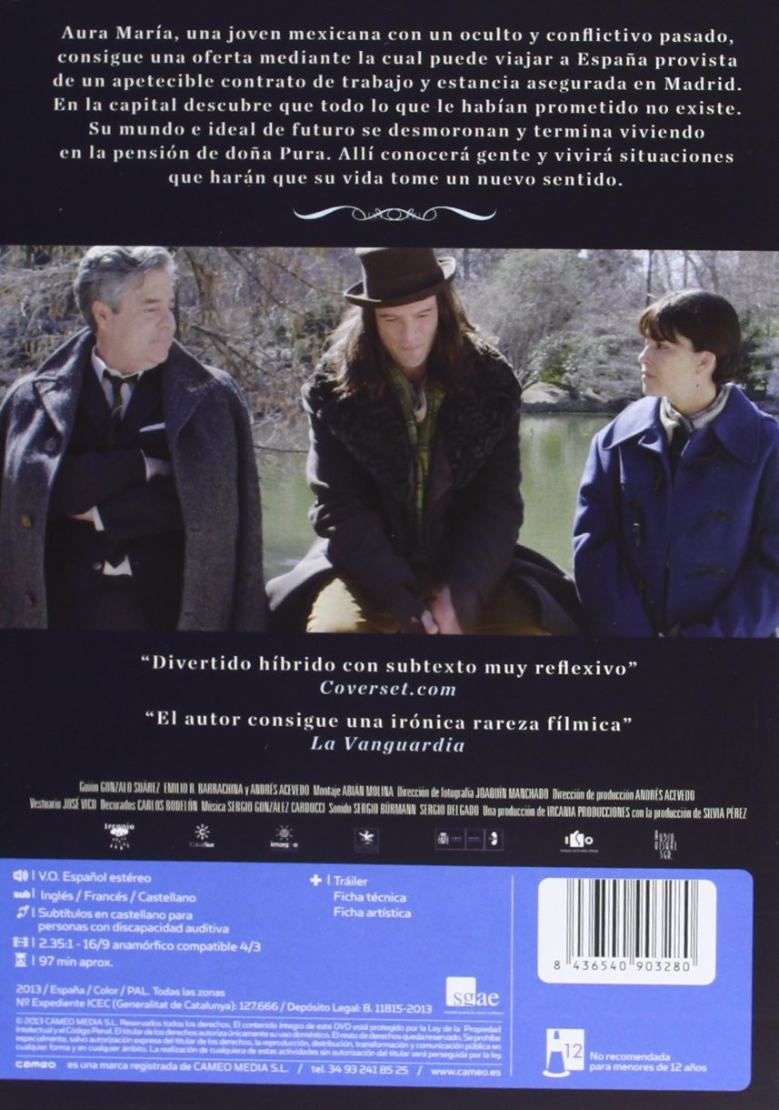 Contraportada de DVD con tres personas al aire libre cerca del agua, texto blanco sobre fondo negro y azul.