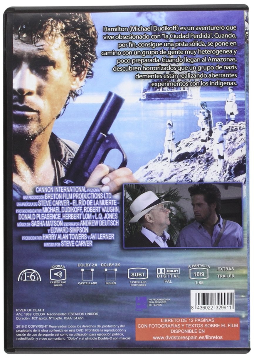 Contraportada del DVD de River of Death con Michael Dudikoff, texto en español y fotogramas.