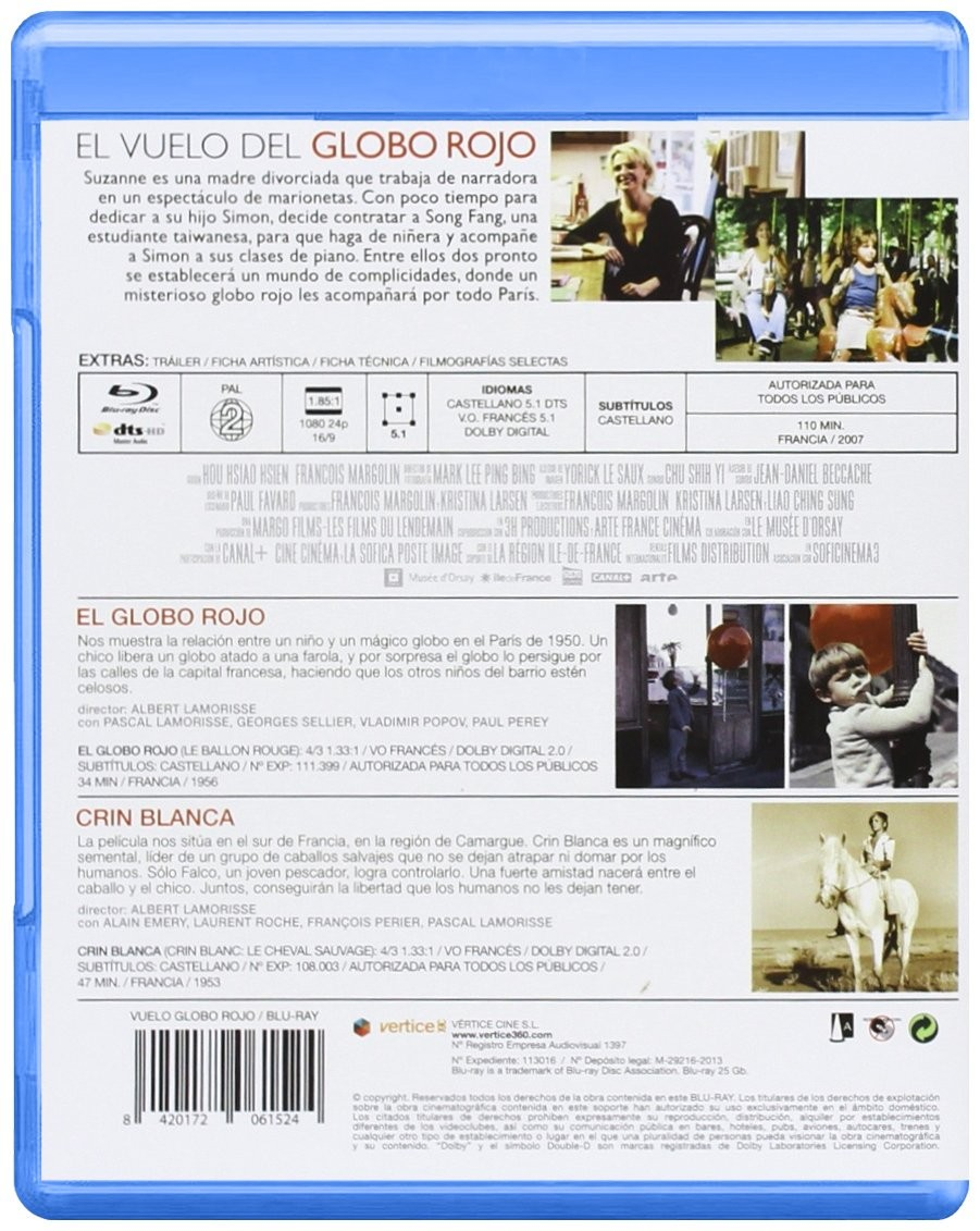 Caratula de Blu-ray azul con sinopsis, creditos, codigo de barras y fotogramas de El Vuelo del Globo Rojo y Crin Blanca.
