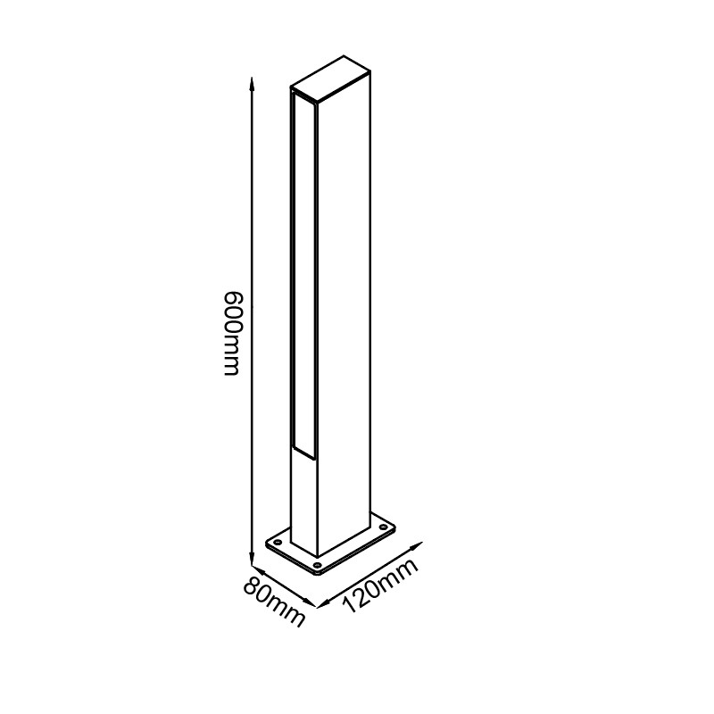 Dibujo técnico de una baliza rectangular de 600 mm de alto, 120 mm de largo y 80 mm de ancho.