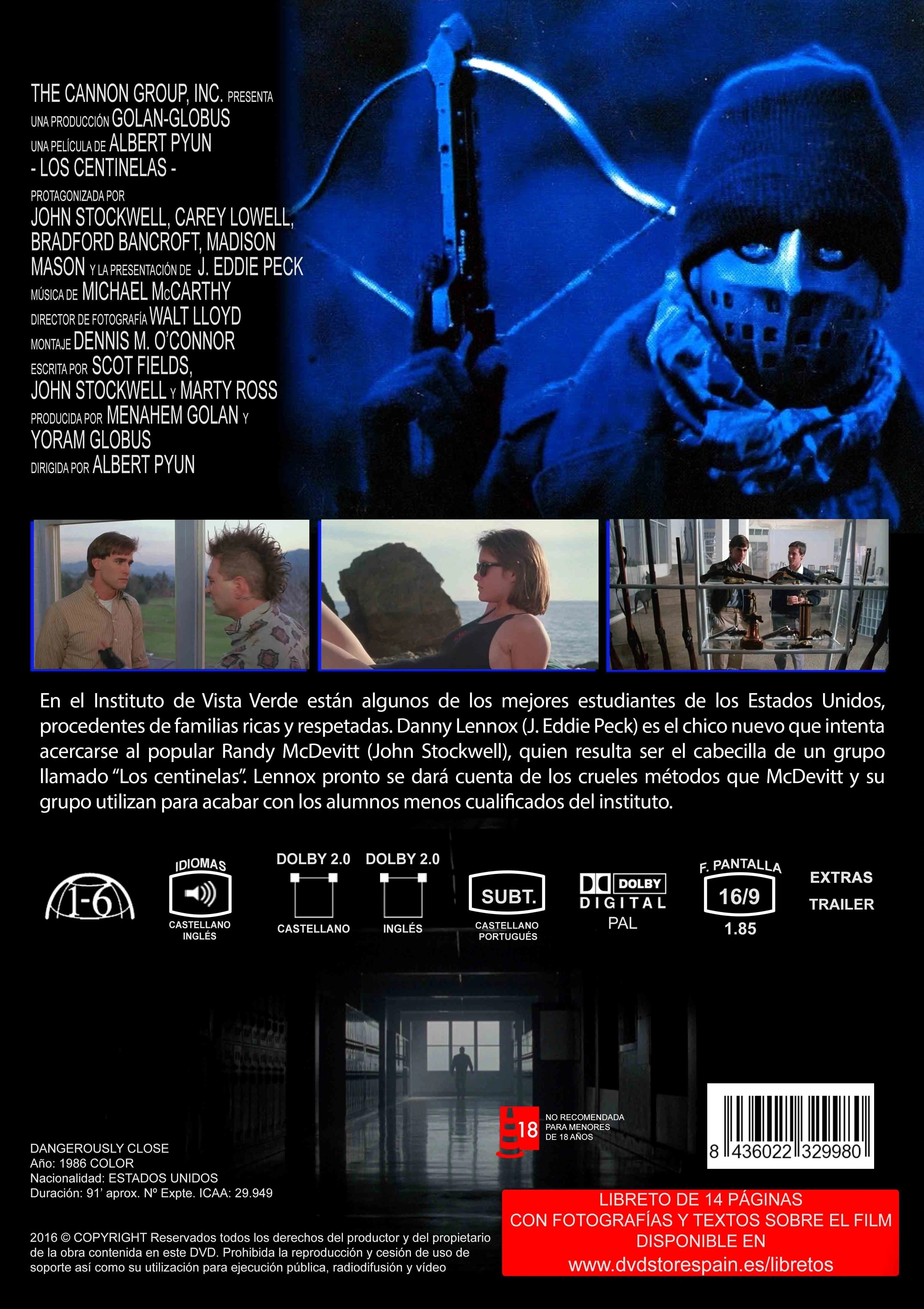 Contraportada del DVD de 'Dangerously Close' con escenas, reparto, sinopsis en español y detalles técnicos.
