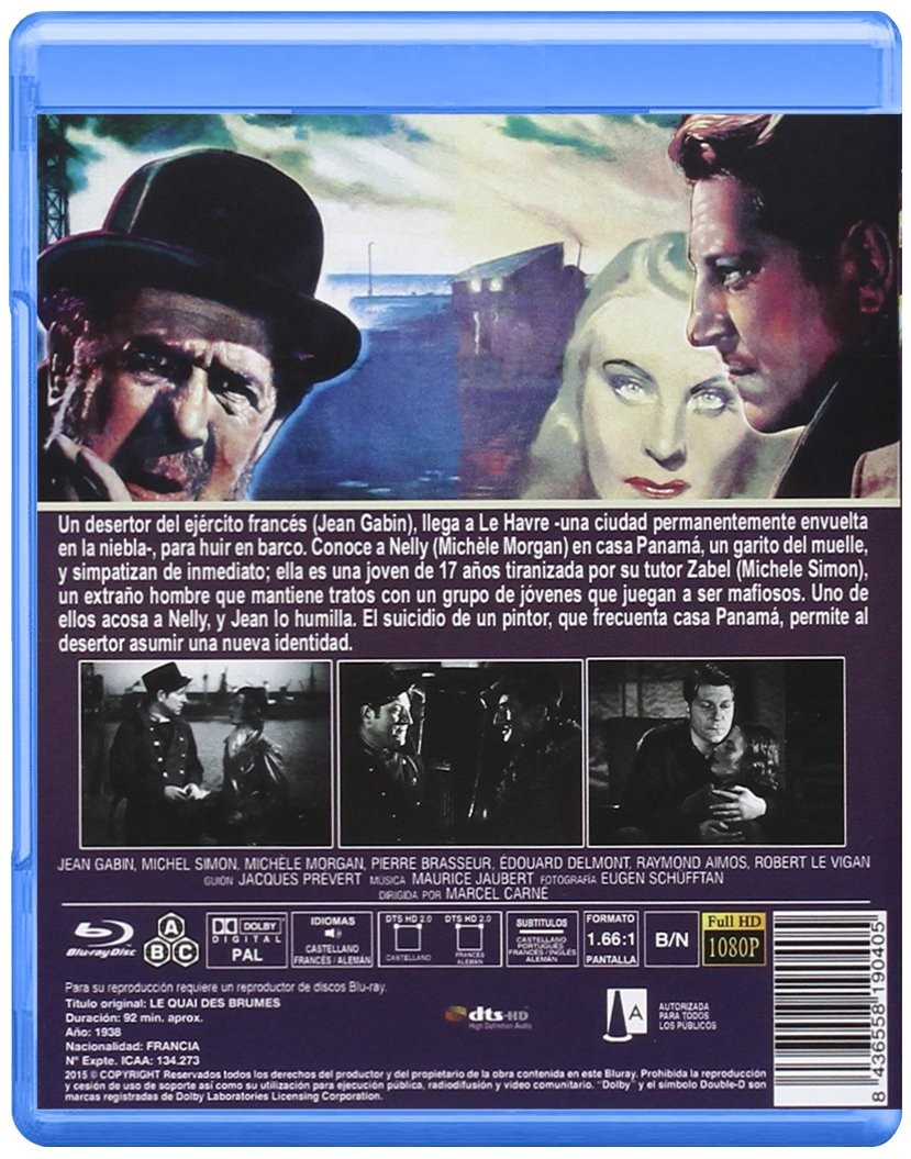 Contraportada de un Blu-ray de Le Quai des Brumes con fotogramas y descripción en español.