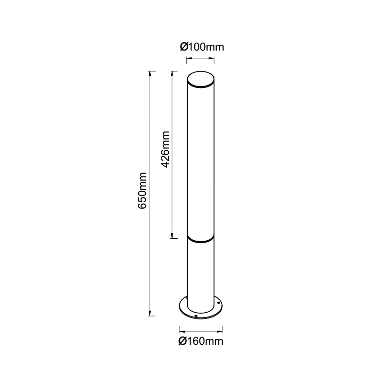 Dibujo técnico de un bolardo cilíndrico con etiquetas de dimensiones.