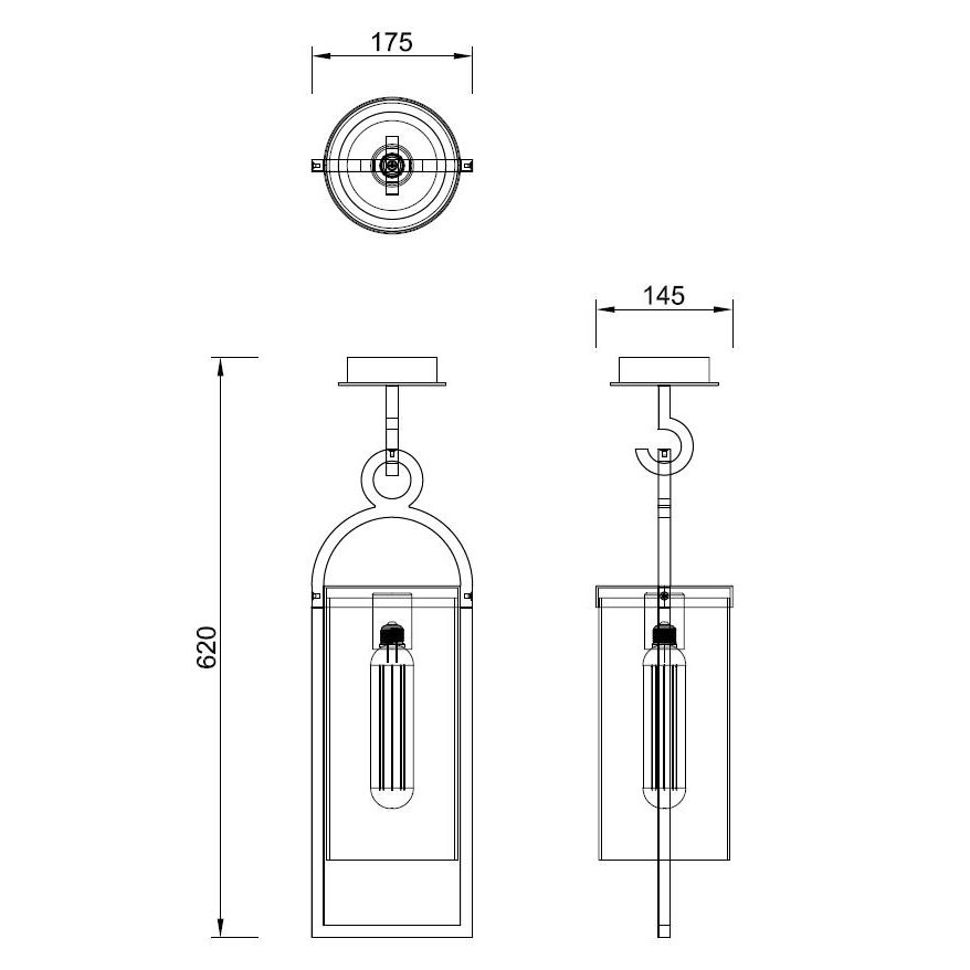 Dibujo técnico de una lámpara colgante cilíndrica con dimensiones.