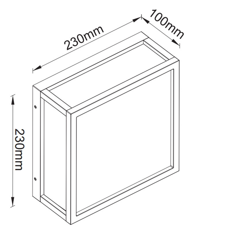 Dibujo técnico de una lámpara de pared rectangular con dimensiones de 230mm x 230mm x 100mm.