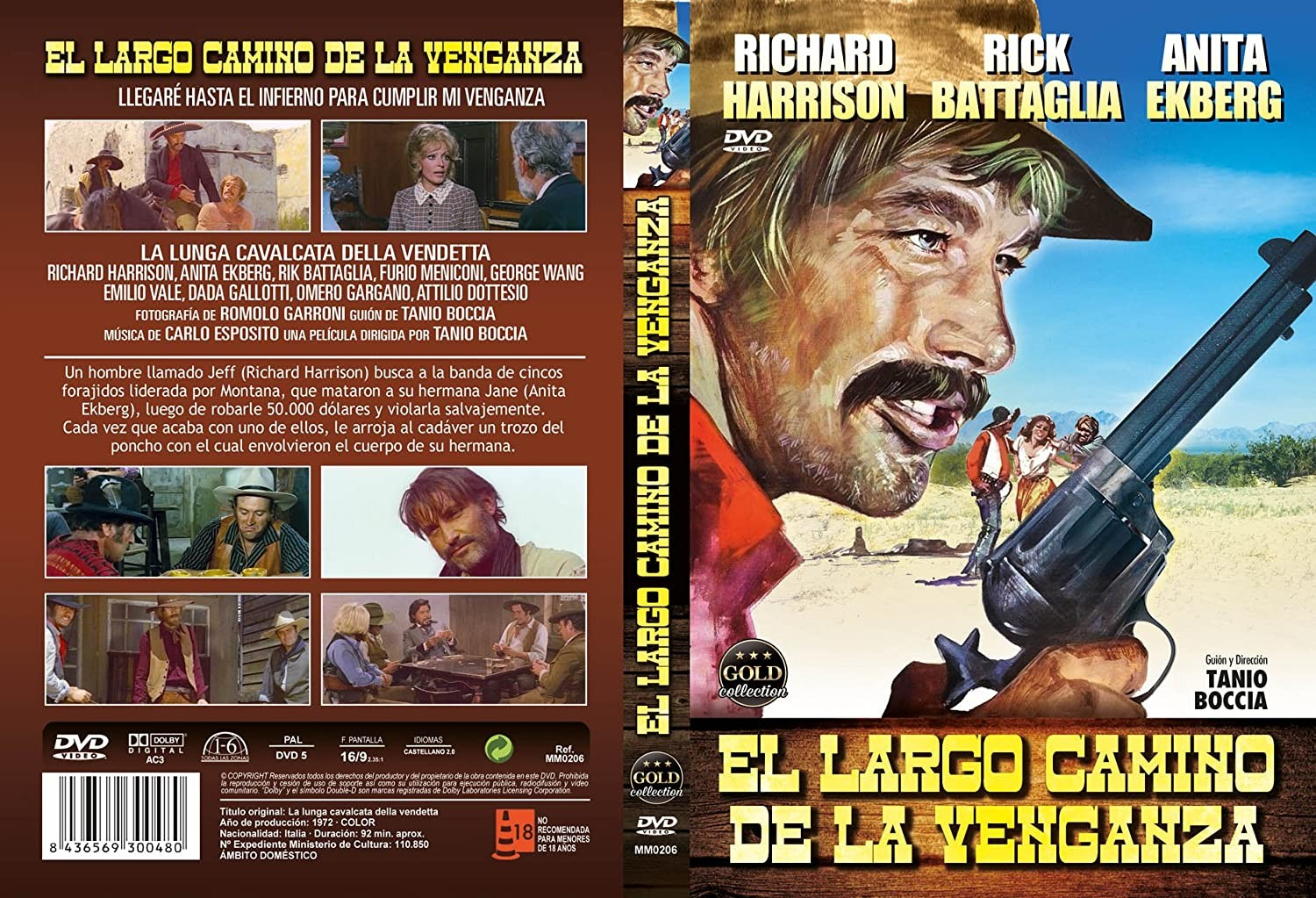 Carátula del western El Largo Camino de la Venganza, con un vaquero, una pistola y escenas.