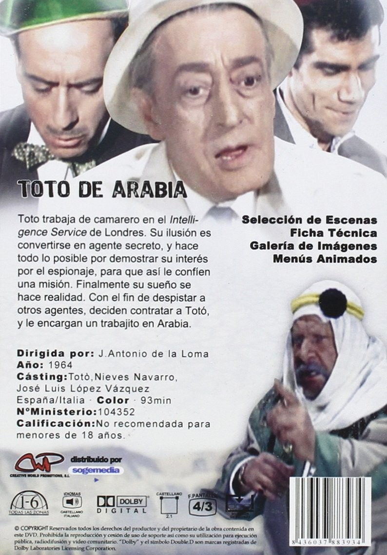 Carátula de la película "Toto de Arabia" con Totò en primer plano, texto en español y código de barras.